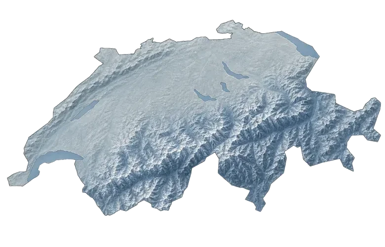 Terrain map of Switzerland with Zug (CH) as seat, Basel (CH) & Frankfurt am Main (D) marked